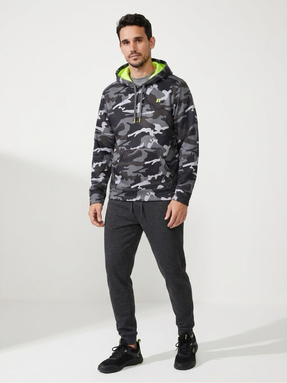 Russell Athletic Gray Fleece Pullover with Neon Accents - Men's Size L (42-44).